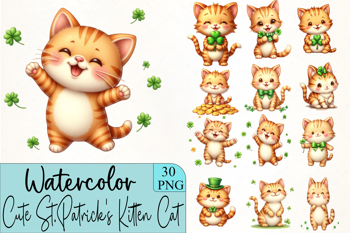 Cute St.Patrick's Kitten Cat Clipart, an Illustration by CrexoraLab (Photo 2 of 5)