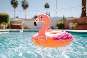 Flamingo float caught in a small swimming pool on a sunny day surrounded by gre, a Photo by AlyaAnd