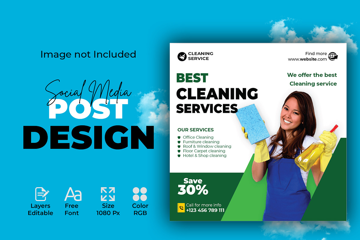 Cleaning service social media post, a Social Media Template by designSultan (Photo 1 of 4)