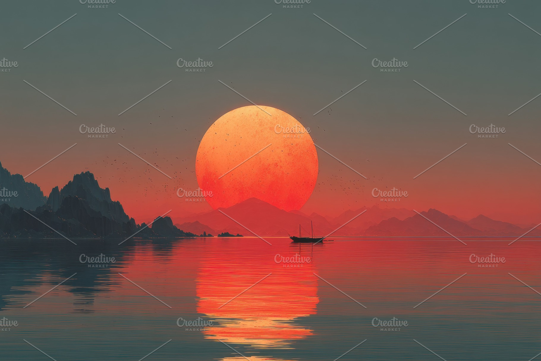 Massive glowing sun setting behind mountains over calm sea with, a Nature Photo by José Manuel Gelpi