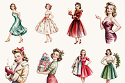 Retro Christmas Woman Clipart Bundle, a Person Illustration by BusyDaydesign (Thumbnail 4 of 9)