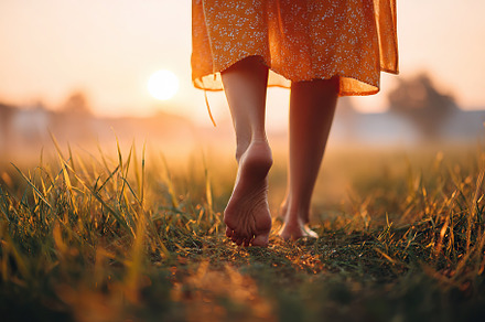 Walking barefoot in a green meadow during a beautiful sunrise moment, a Person Photo by AlyaAnd