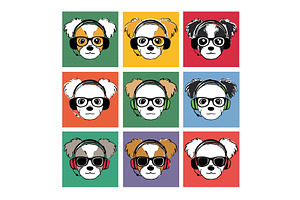 Nine Cartoon Dogs Wearing Headphones