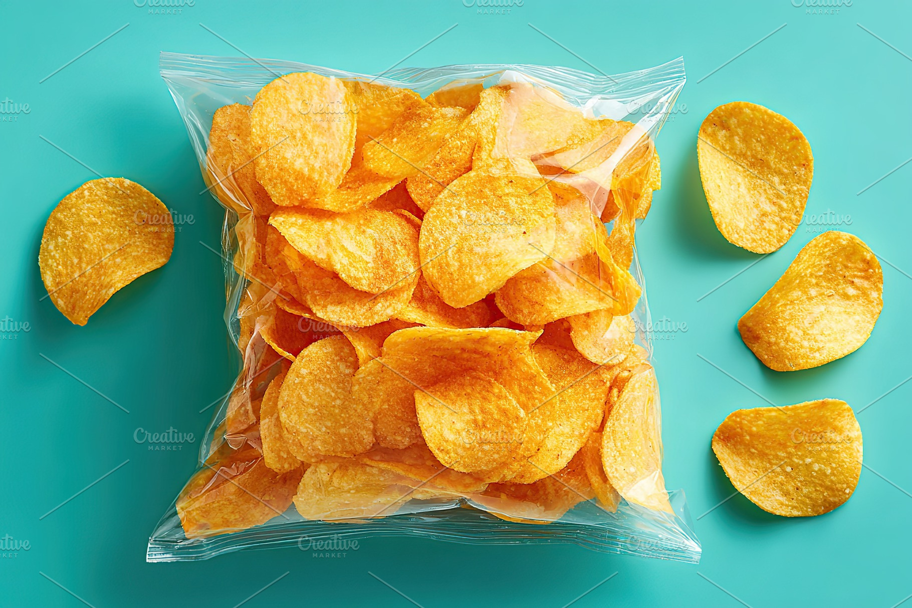 Crispy potato chips in a clear bag with scattered chips on a teal background, a Food & Drink Photo by AlyaAnd
