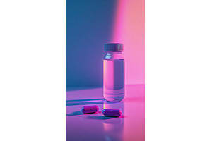 Pills and liquid in vibrant lighting, a Health & Medical Photo by Beautiful things