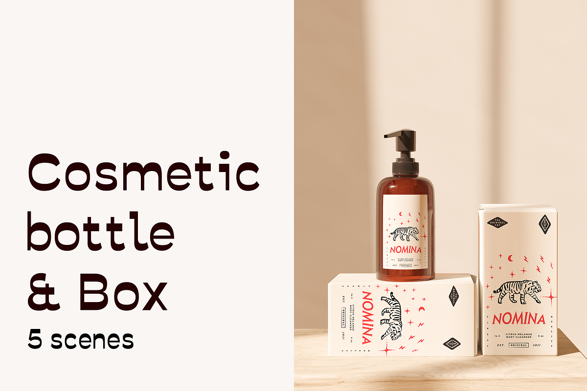 Cosmetic bottle and Box Mockup set, a Pens & Pencil Mockup by NOMINA (Photo 1 of 6)