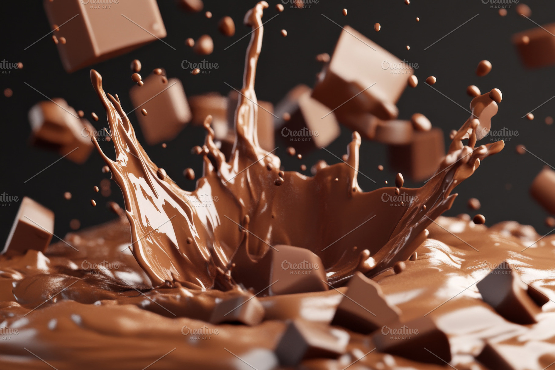 Chocolate splash with flying cubes,, a Photo by Dvoevnore photos