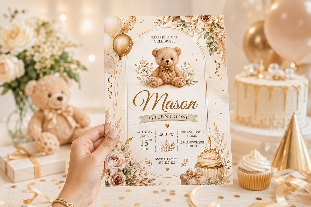Teddy Bear First Birthday Invitation, an Invitation Template by S Graphic Studio (Photo 3 of 10)