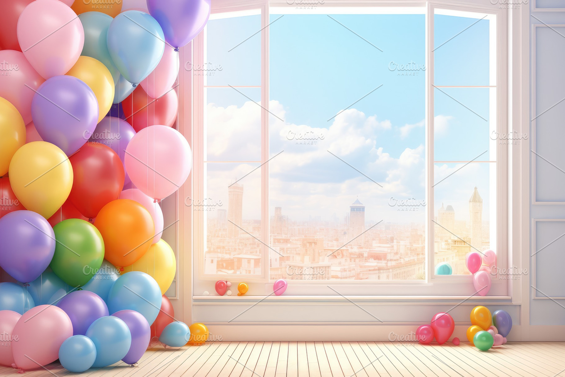 Colorful balloons in the room with t, a Photo by Iftikhar Alam