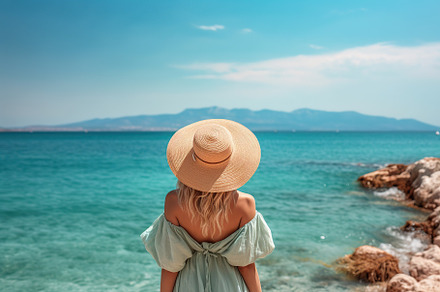 Woman in summer hat looking at the sea. Happy freedom lifestyle. Generative AI, a Person Photo by AlyaAnd