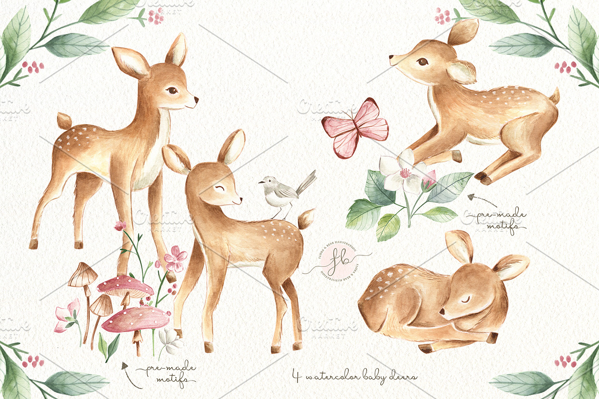 Baby Deers Watercolor Set, an Animal Illustration by Flora+Bear (Photo 2 of 8)