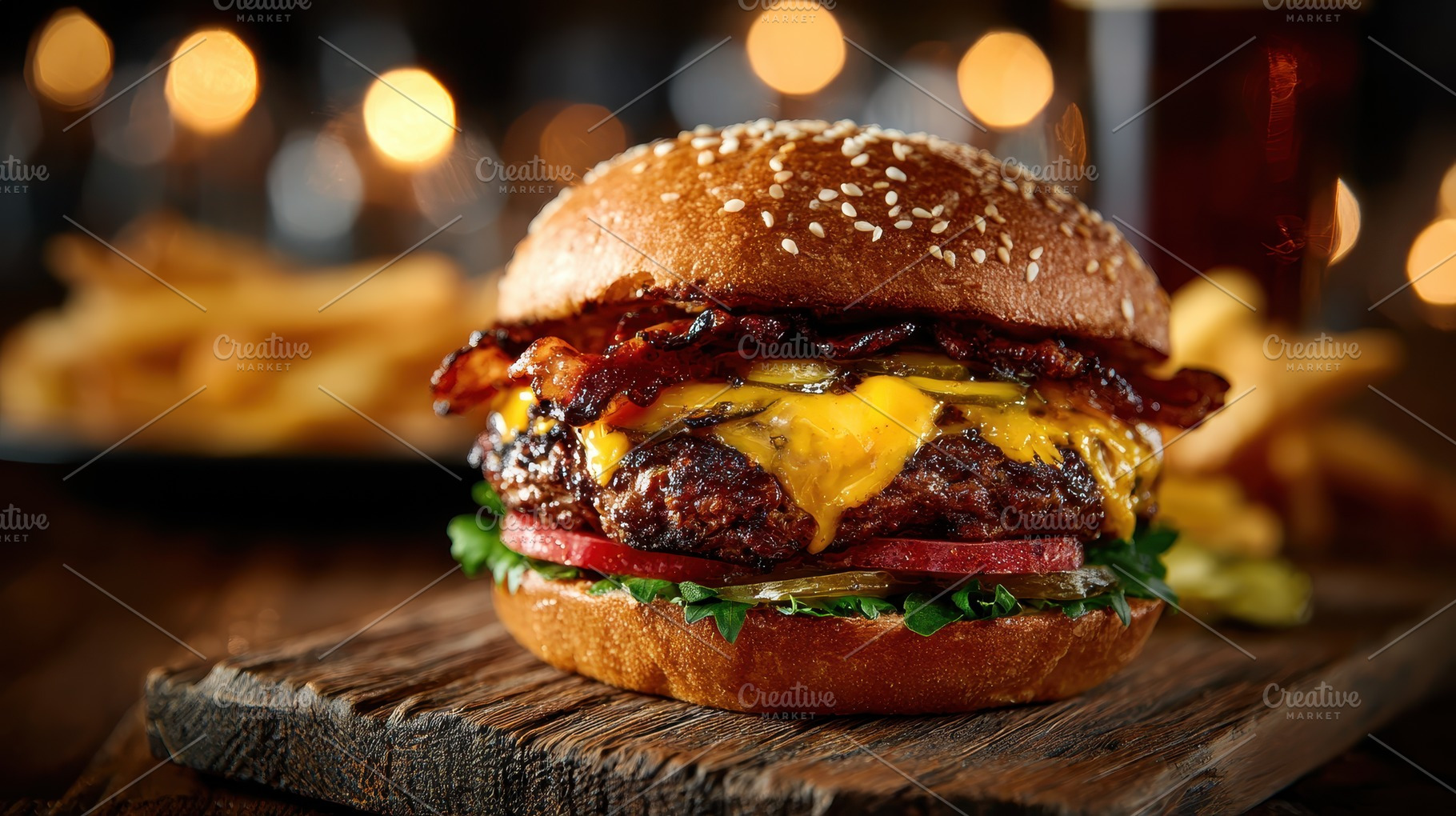 Delicious Bacon Cheeseburger with Fr, a Photo by Pixeness Studio