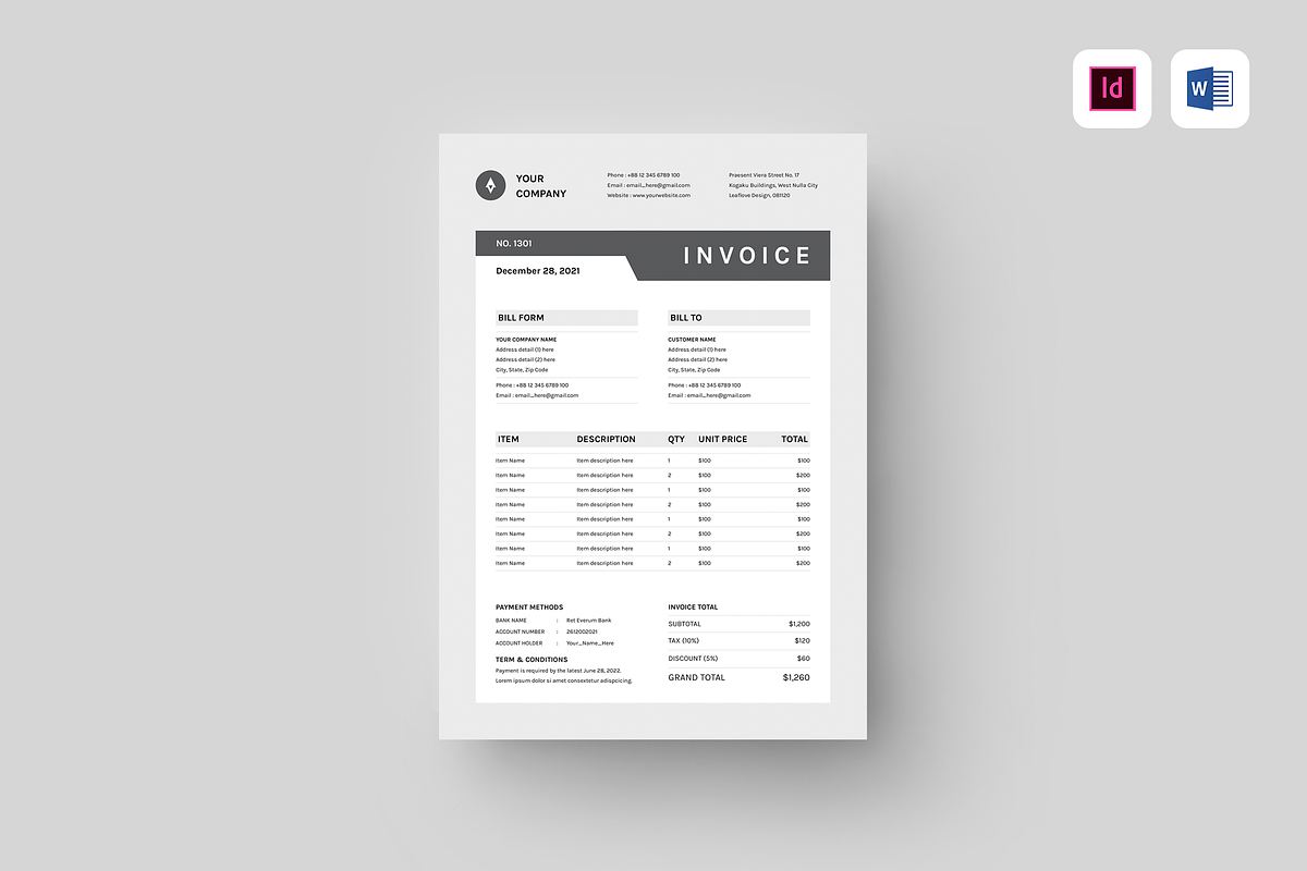 Invoice | MS Word & Indesign, a Stationery Template by Leaflove