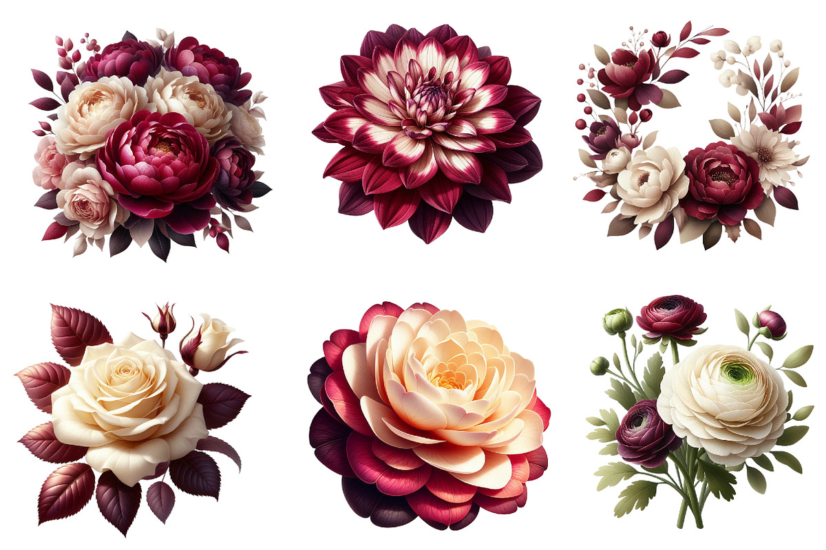 Burgundy & Ivory Floral Clipart, an Illustration by Dream Creation (Photo 2 of 7)