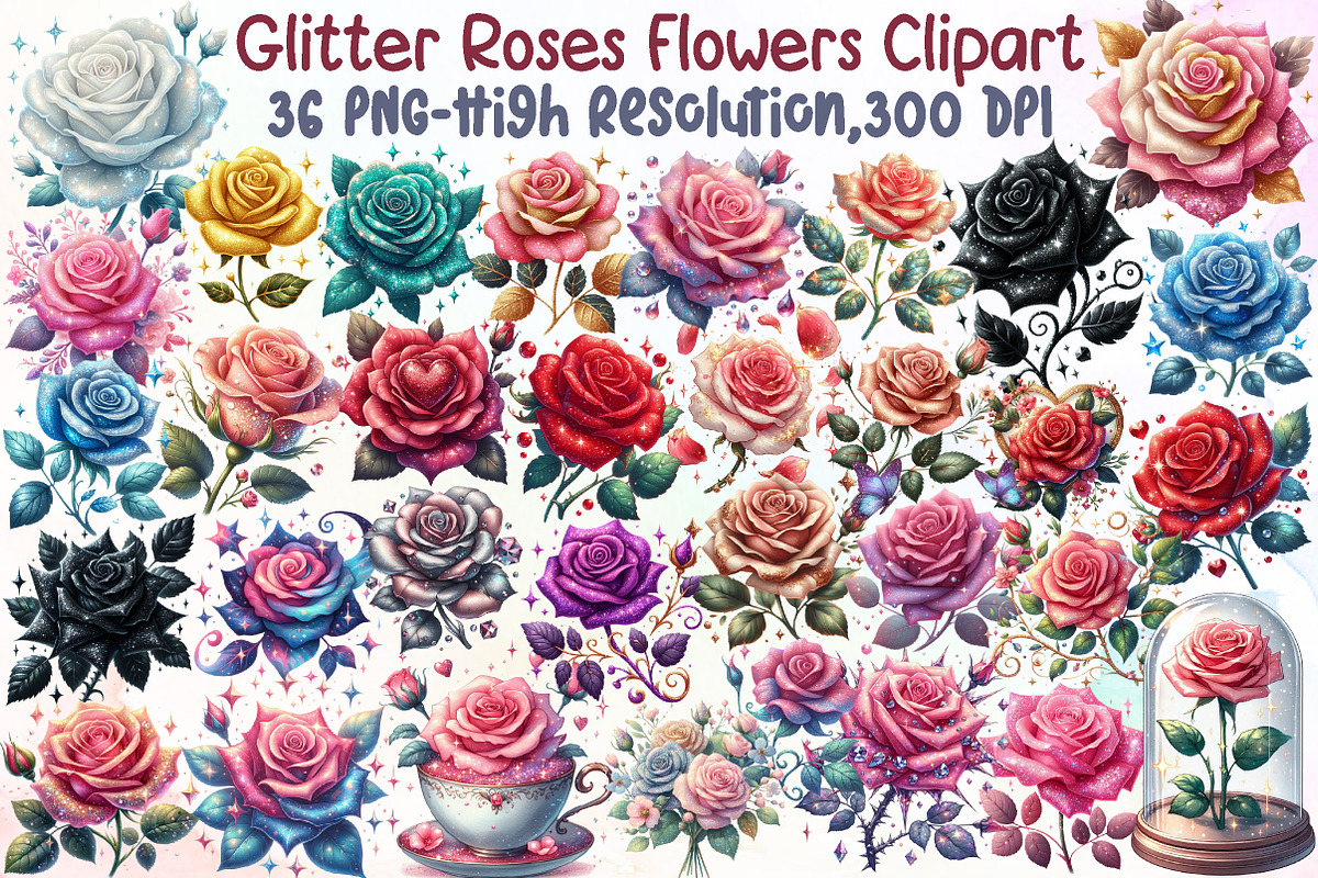 Glitter Roses Clipart - Flowers Clip, an Illustration by Sublimation Artist (Photo 1 of 6)