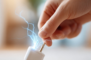 Hand reaching for electric plug with sparks, a Technology Photo by AlyaAnd