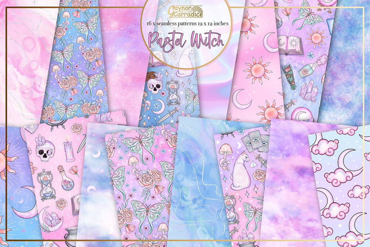 Pastel witch seamless patterns, a Pattern Graphic by Gaynor Carradice Designs (Photo 1 of 7)