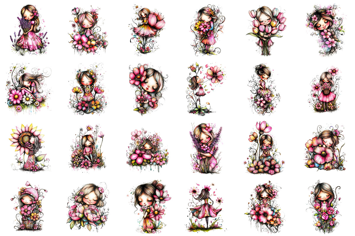 Whimsical Girl and Flower Spring Cli, an Illustration by designcity5 (Photo 2 of 5)