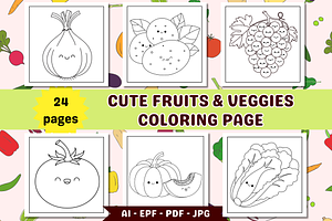 Cute Fruits & Veggies Coloring Page