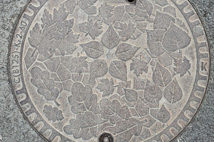 A round metal manhole cover with a leaf pattern and engraved text, a Nature Photo by Textures & Backgrounds