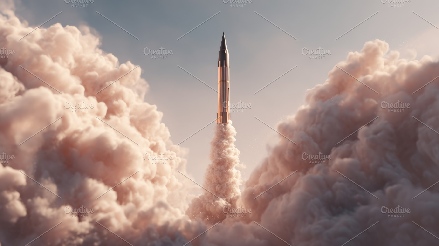 A sleek rocket launches triumphantly through billowing clouds of smoke, symboli, a Business Photo by ImageMir