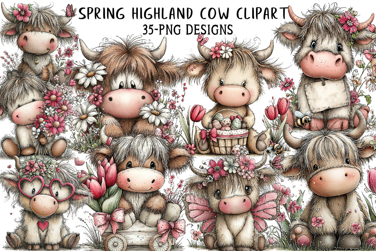 Whimsical Spring Highland Cow Clipar, an Illustration by Daily.Designs (Photo 1 of 8)