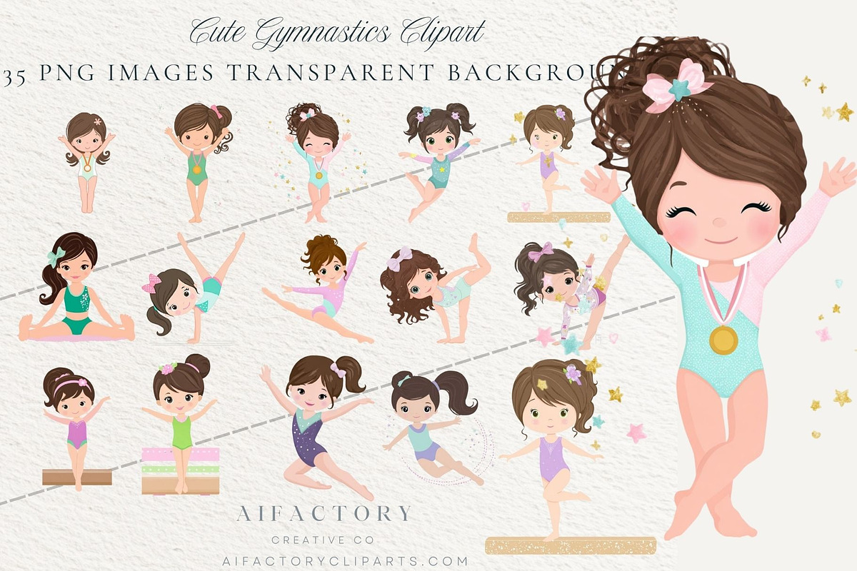 Cute Gymnastics Girl Clipart PNGs, a Person Illustration by artinspirestudio (Photo 3 of 4)