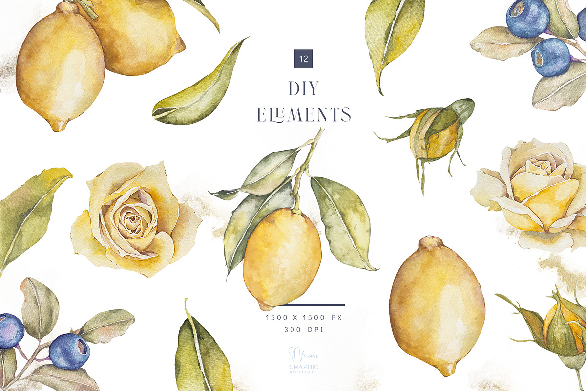 Watercolor lemon and blueberry, an Illustration by MariGraphic boutique (Photo 2 of 13)