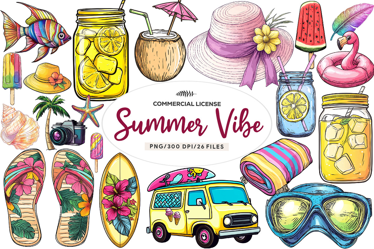 Watercolor Summer Vibe Clipart, an Illustration by CreationArt (Photo 1 of 5)