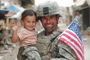 US Soldier Holds Child War Zone Amer, a Background Photo by Pixeness Studio
