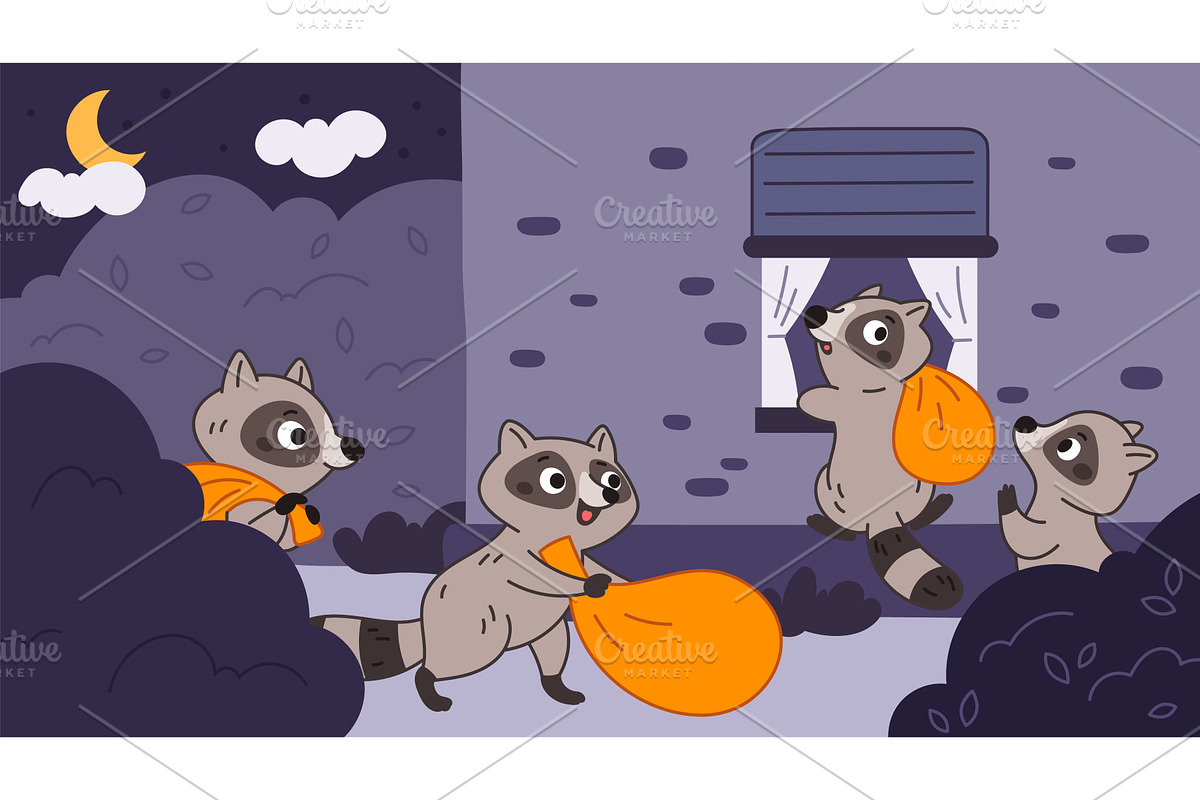Cartoon racoon thieves. Little funny, an Animal Illustration by YummyBuum