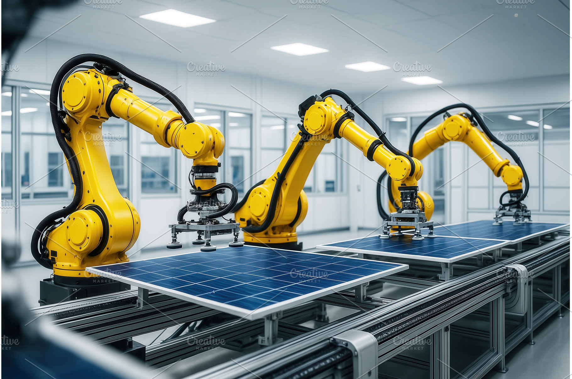 Yellow robotic arms assembling solar, an Industrial Photo by Sergey Kotenev