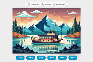 A boat sailing on water with mountai