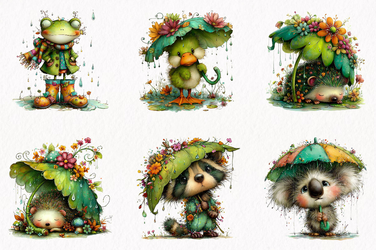 Whimsical Rainy Day Animals Clipart, an Animal Illustration by fashionaddict (Photo 3 of 7)