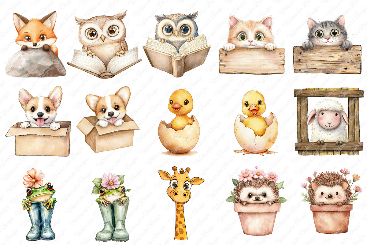 Funny Cute Animal Peeking clipart, an Illustration by Watercolor design (Photo 2 of 13)