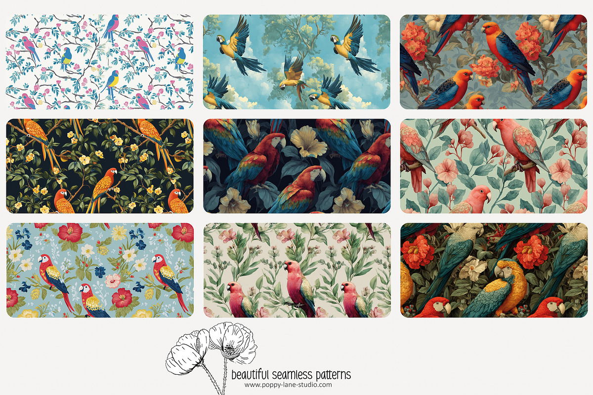 70 parrot seamless pattern, a Pattern Graphic by Poppy Lane Studio
