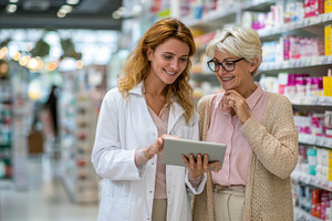 Pharmacist and senior woman reviewin, a Photo by Pixeness Studio