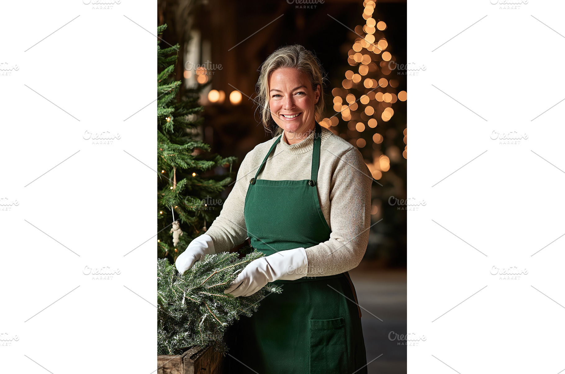 Woman in Apron Holds Festive Green, a Holiday Photo by Lermont51