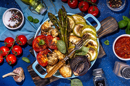 Healthy grilled bbq vegetables on pan, a Food & Drink Photo by Rimma