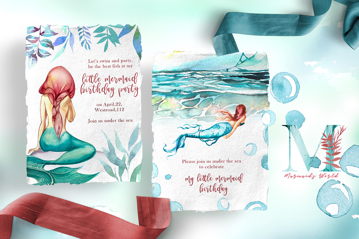 Watercolor Mermaid's World Clipart, a Person Illustration by ArtCreationsDesign (Photo 3 of 8)