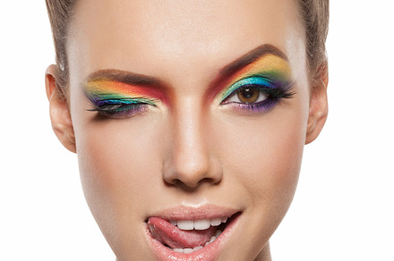 Female face with rainbow makeup containing beautiful, woman, and clean