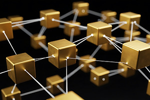 Golden cubes connected by white line, a Technology Photo by Artonix