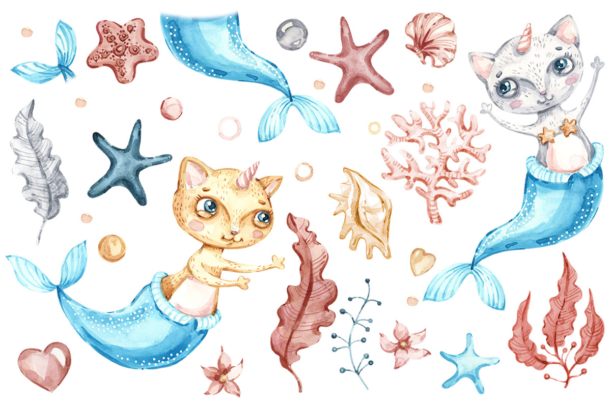 Cat Mermaid watercolor clipart, an Animal Illustration by UlitkaStudio (Photo 2 of 10)