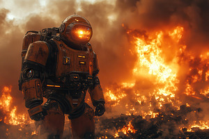 Robot in protective suit stands amid, a Photo by Tanuart