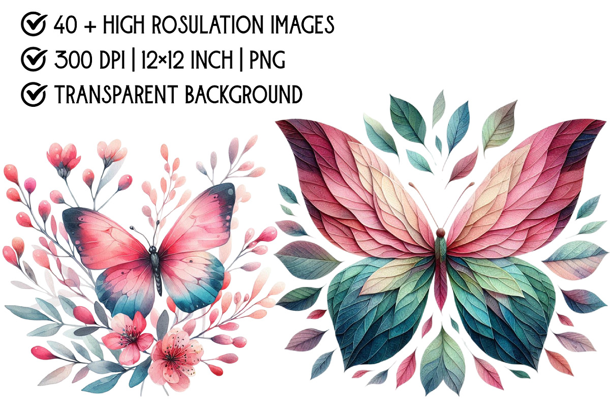 Watercolor Floral Butterfly Clipart, an Illustration by Pixels.Craft (Photo 4 of 6)