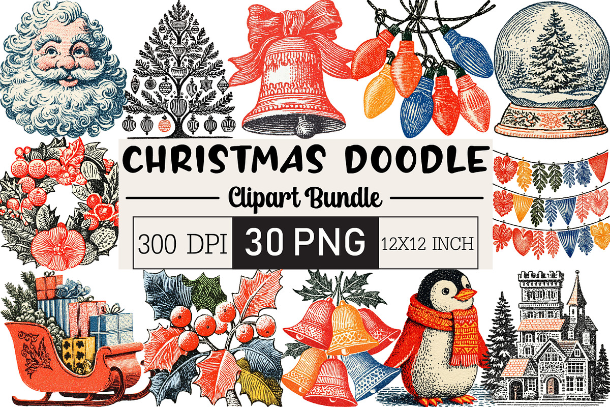Christmas Doodle Sublimation Clipart, an Illustration by Black Bird Studio (Photo 1 of 6)