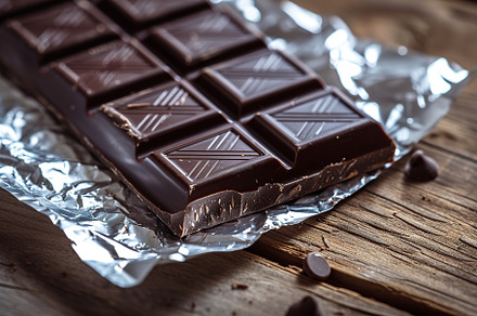 Black chocolate bar in foil on wooden background, a Food & Drink Photo by AlyaAnd
