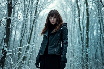 beautiful young goth woman in the snow AI generated