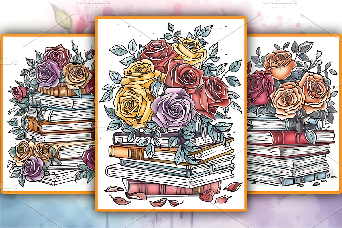 Books with Flowers Coloring Book, a Decorative Illustration by Design Station (Photo 2 of 4)