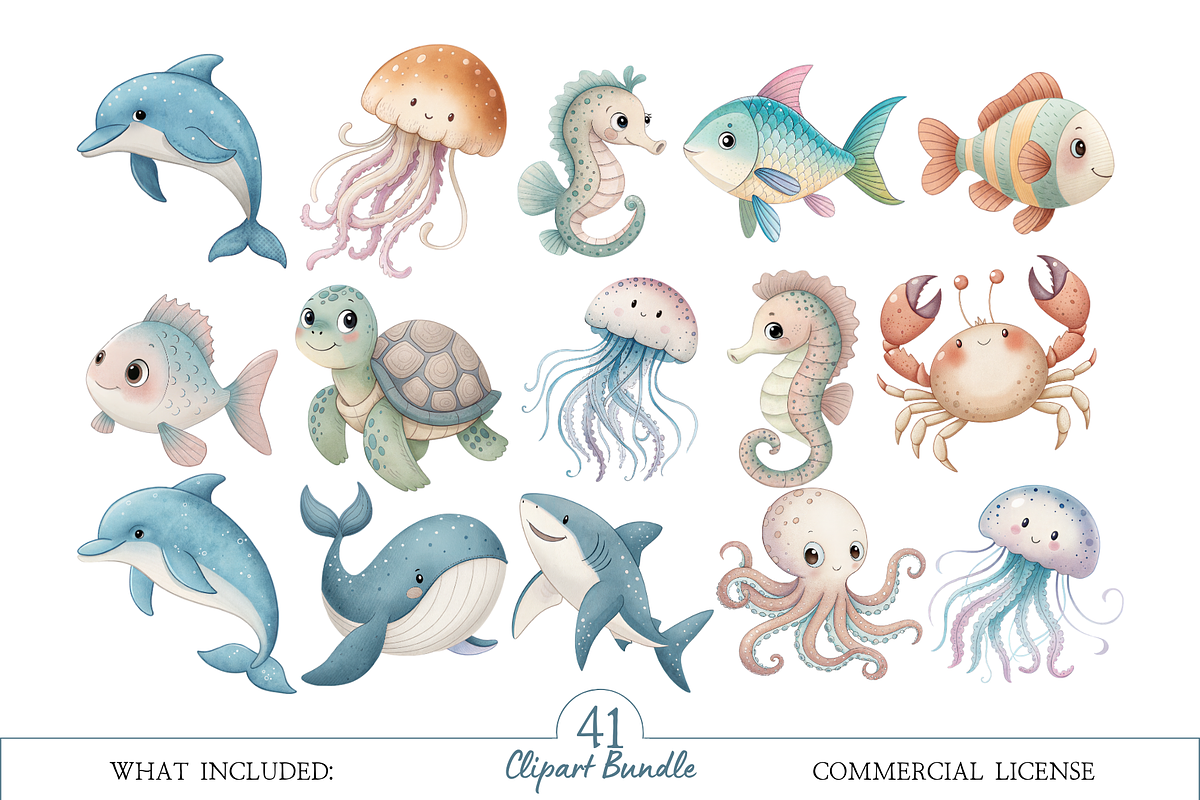 Watercolor Cute Sea Animals Clipart, an Illustration by MockupWizard (Photo 2 of 6)